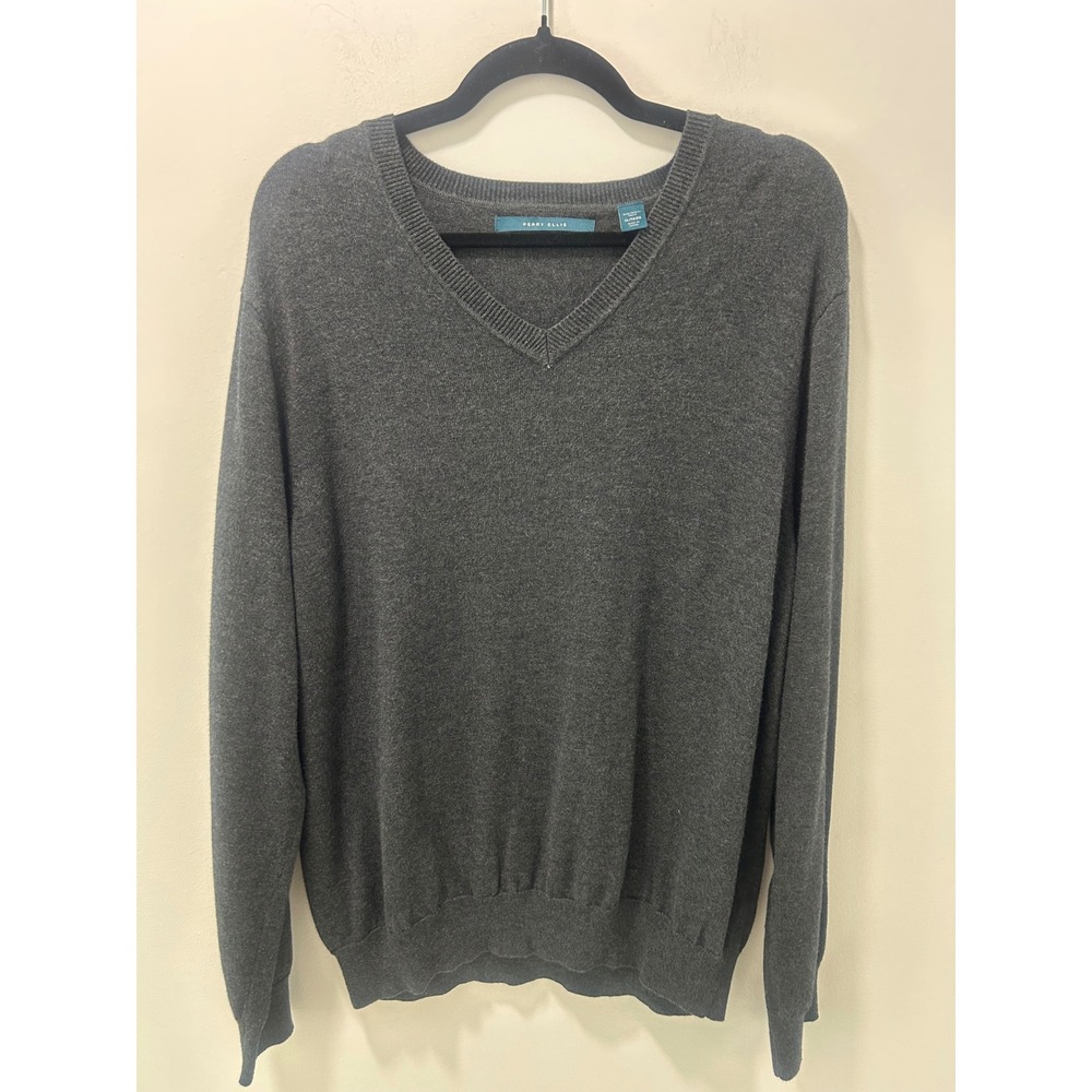 Perry Ellis Mens XL V-Neck Sweater Charcoal Gray Cotton Modal Blend Knit